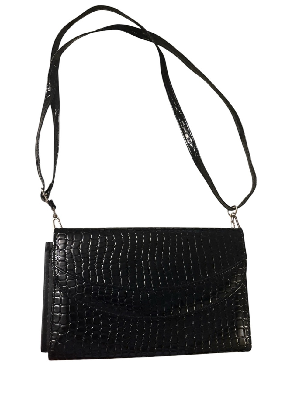 Black Croc-Embossed Crossbody Bag with Adjustable Strap
